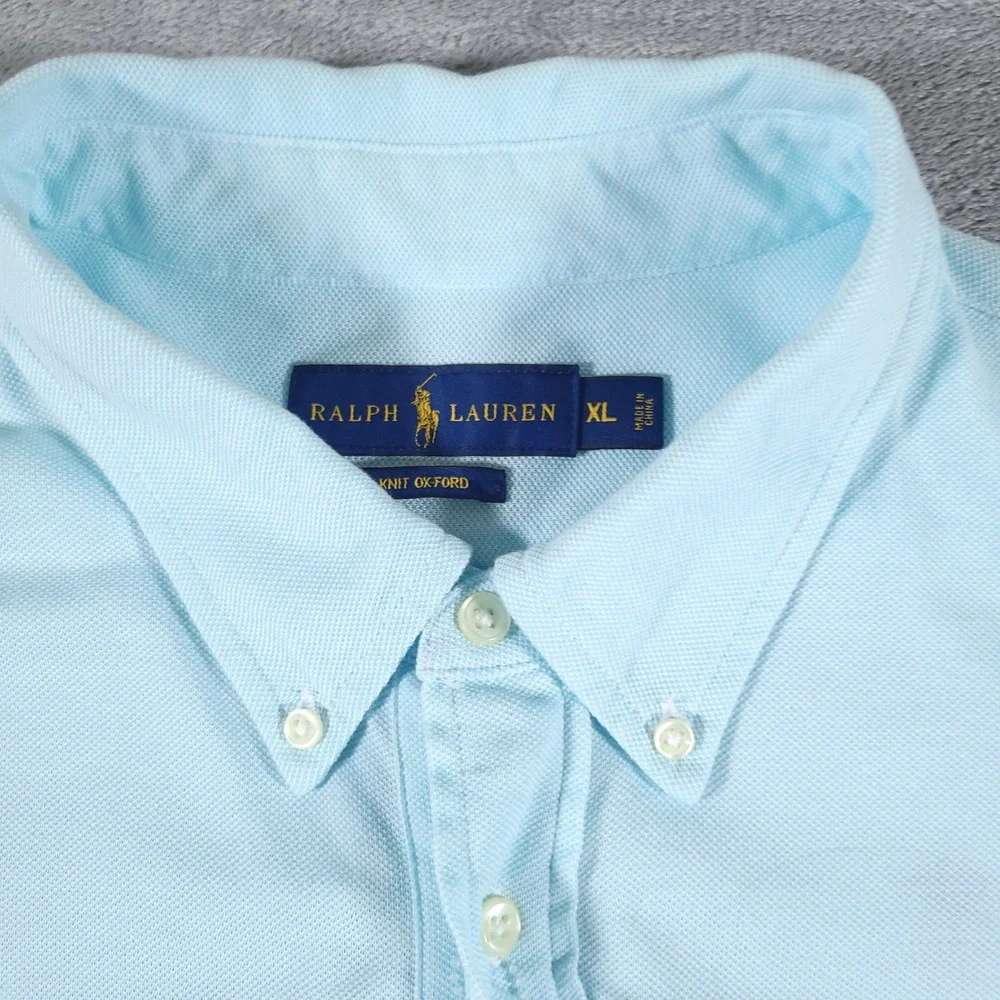Ralph Lauren Polo Shirt Mens XL Blue Knit Oxford Short Sleeve Marlin Embroidered